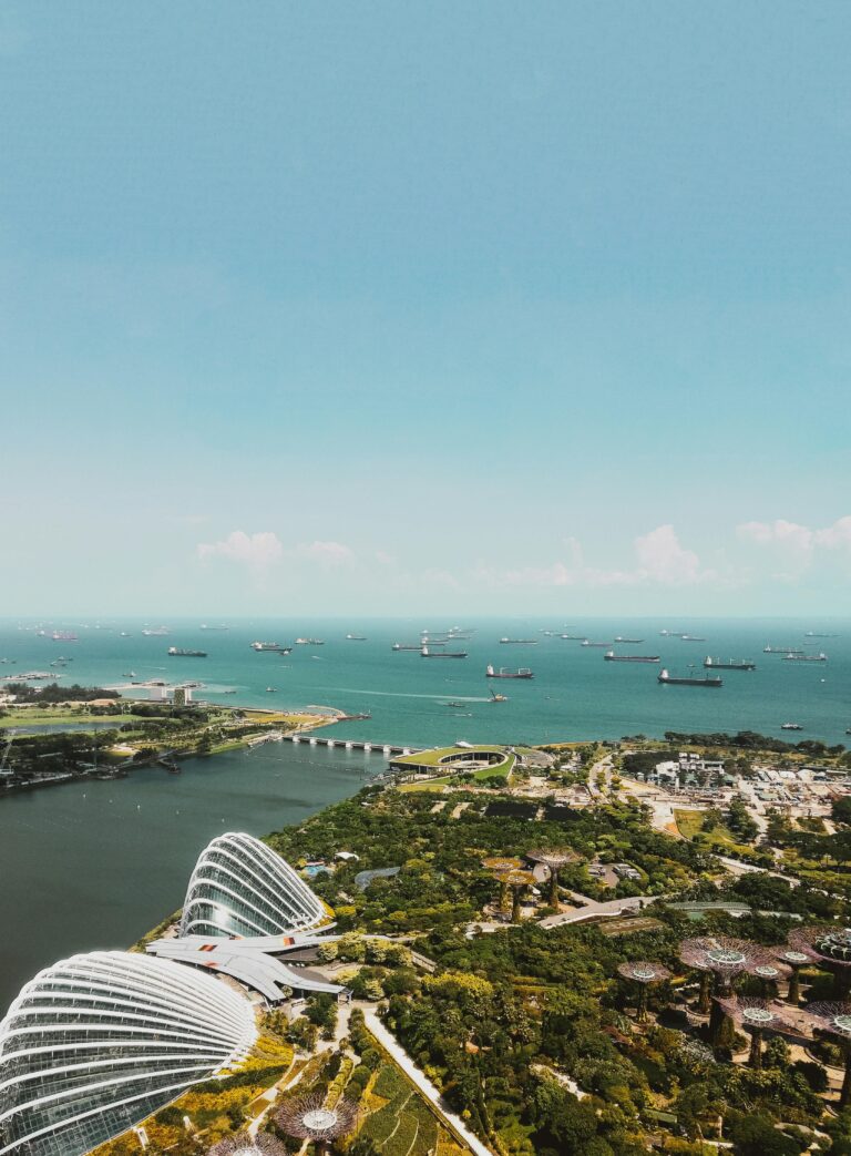 Breathtaking aerial view of Singapore's skyline with ocean and greenery, showcasing architecture and nature.