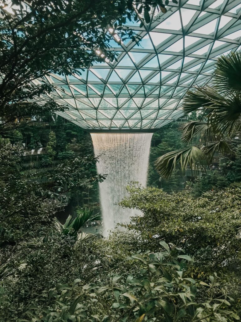 Discover the breathtaking indoor waterfall amidst lush greenery at Singapore's Jewel Changi Airport.